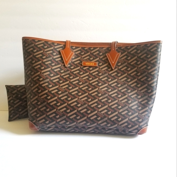 Versace Greca Monogram Coated Canvas Tote With Pouch Black Cream Gold - Picture 2 of 10